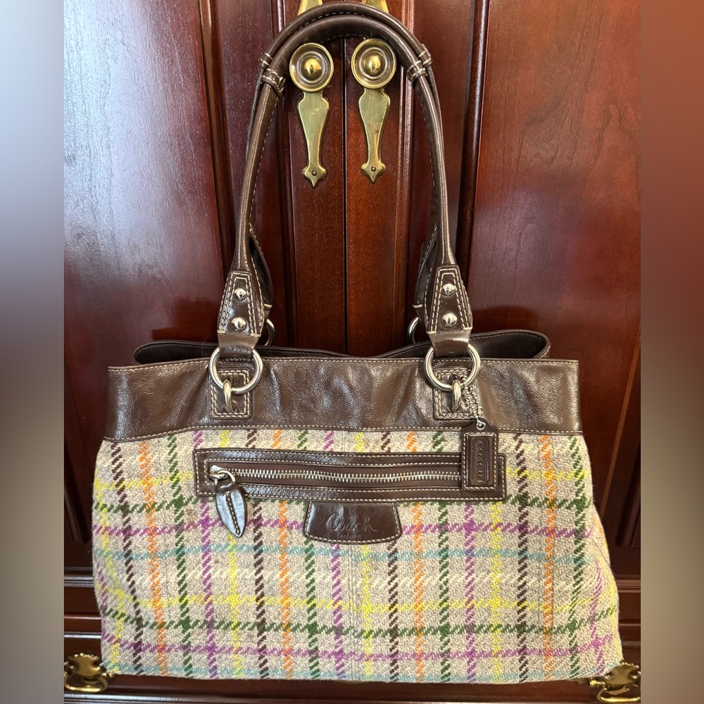 Coach Penelope Tattersall Plaid Wool Tweed Leather Shoulder Purse